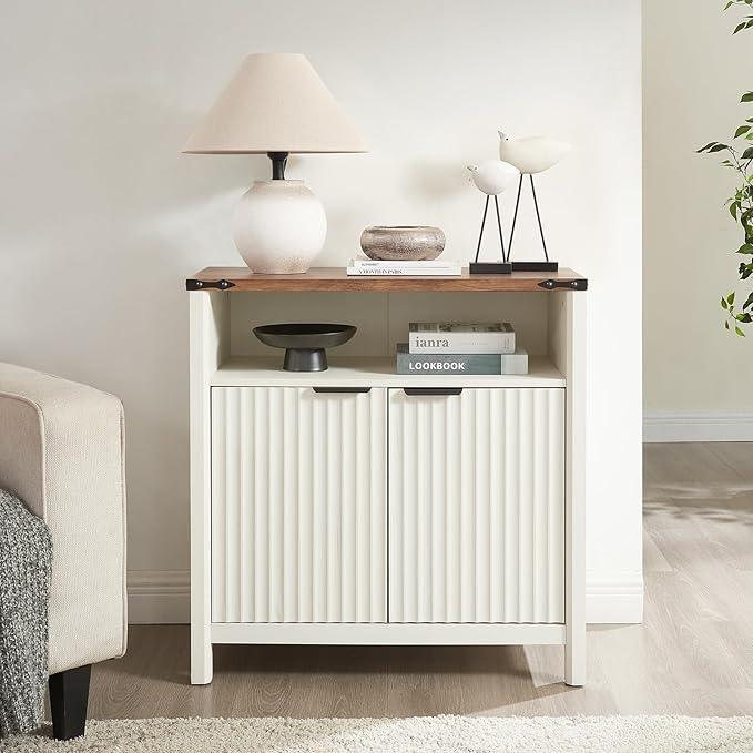 Buffet Cabinet with Storage - Modern Farmhouse Rustic 32 Fluted Sideboard Storage Cabinet Buffet with Adjustable Shelves, Coffee Wine Bar Organizer for Dining Room (Antique White) - ModernBath