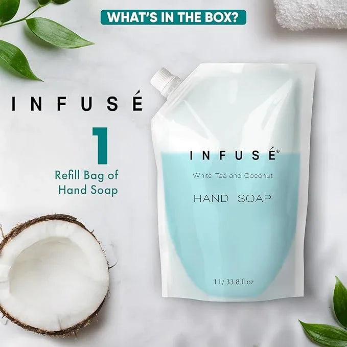 INFUSÉ 1 Liter Hand Wash Refill Bag For Soap Dispensers | Bulk Toiletries for Vacation Rentals, and Home Bathroom Showers | White Tea and Coconut | Single - ModernBath