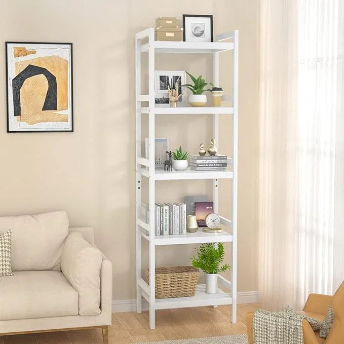 Homykic Bamboo Bookshelf, 5-Tier Narrow 55.9” Adjustable Book Shelf Bookcase Bathroom Shelves Freestanding Storage Stand for Living Room, Bedroom, Kitchen, Rust Resistance, Easy Assembly, White - ModernBath