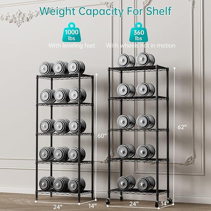 SINGAYE 5 Shelves Storage Shelf Wire Closet Bathroom Organizers Metal Pantry Kitchen Garage Shelving Unit Laundry Room Organization Home Rack Net Basket Black with Wheels - ModernBath