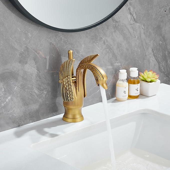 GGStudy Bathroom Faucet Antique Brass Swan Single Handle One Hole Bathroom Vanity Faucet Basin Tap Deck Mount Lavatory - ModernBath