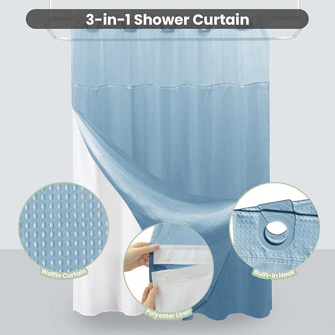 Inhousolu No Hook Shower Curtain with Snap in Fabric Liner Set Waffle Weave 230GSM Weighted Hem, Waterproof & Washable Bathroom Curtain Spa Luxury with Mesh Top Window 72" W x 72" L Teal - ModernBath