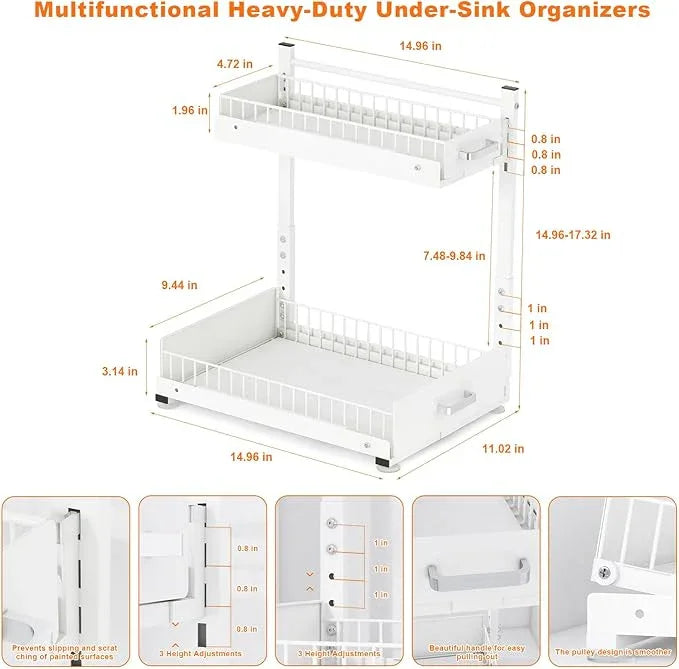 Under Sink Organizer,2 Tier Slide Out Kitchen Cabinet Organizers with Pulley,Under Bathroom Sink Pull Out Organizer with Multiple Height Adjustments for Kitchen and Bathroom Cabinets (White) - ModernBath