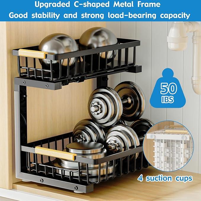 2Pcs Under Sink Organizer, Adjustable Under Sink Organizers and Storage, 2-Tier Pull Out Under Kitchen Sink Organizer, Sliding Out Metal Under Bathroom Sink Organizer for Kitchen Pantry Black - ModernBath