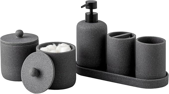 Haocoott Bathroom Accessories Set, 6 PCS Modern Bathroom Accessory Set with 15 OZ Soap Dispenser, Toothbrush Holder, Vanity Tray, Tumbler, 2 PCS Qtip Holders (Grey) - ModernBath