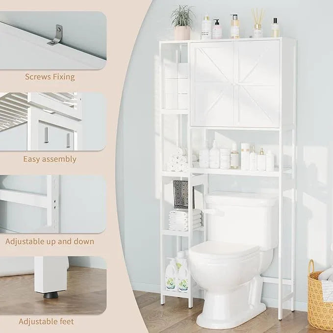 Bamboo Over The Toilet Storage, Above Toilet Organizer Storage Shelf, Tall Freestanding Behind Toilet Rack, Tiered Bathroom Space Saver Shelving, Easy Assembly (White) - ModernBath