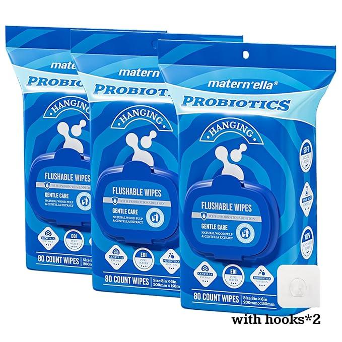 matern'ella Hanging Flushable Wipes Unscented Extra Large Corner-Connected Wet Wipes Adult Plant Based Fibers with Probiotics Alcohol Free Sewer Safe Butt Wipe Travel 3 Packs of 80 Wipes - ModernBath