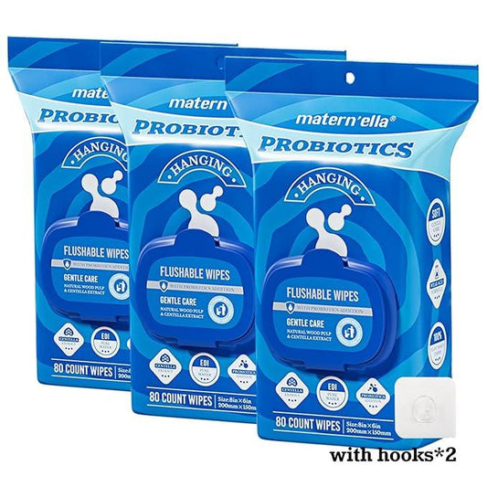 matern'ella Hanging Flushable Wipes Unscented Extra Large Corner-Connected Wet Wipes Adult Plant Based Fibers with Probiotics Alcohol Free Sewer Safe Butt Wipe Travel 3 Packs of 80 Wipes - ModernBath