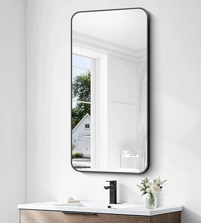 BONEWEI 24x48 inch Bathroom Mirror,Black Rectangle Mirror,Wall Mounted Bathroom Frame Vanity Mirror with Round Corner for Bedroom Living Room, Entryway Hangs Horizontal or Vertical - ModernBath