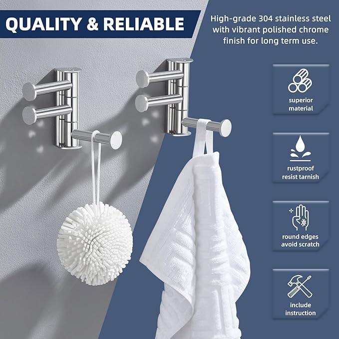 Angle Simple Swivel Towel Hooks 2 Pack, SUS 304 Stainless Steel Hand Towel Holder for Bathroom, Robe Coat Hooks Wall Mount, Polished Chrome - ModernBath