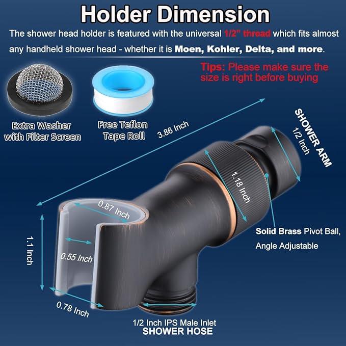 Shower Head Holder All Metal Adjustable Handheld Shower Arm Mount, 1/2" Shower Hose Holder Fits Most Hand Showerheads, Brass Hand Held Shower Head Holder , Easy to Install (Oil Rubbed Bronze) - ModernBath