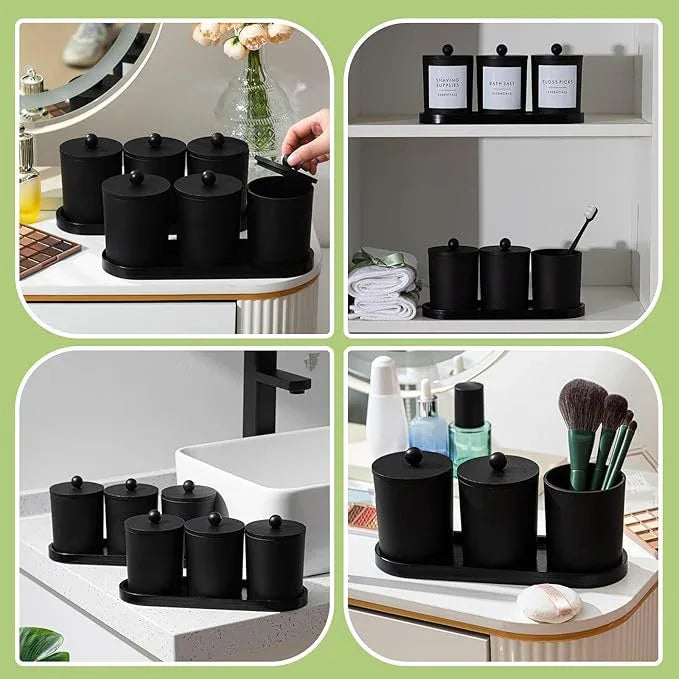 Chengu 6 Pack Cotton Swab Holder with Bamboo Lids and Trays and Labels Glass Round Swab Dispenser Cotton Ball Holder Glass Apothecary Jars Floss Pick Containers Bathroom Organizers(Black) - ModernBath