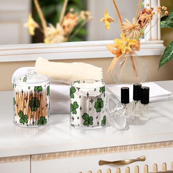 Qtip Holder Bathroom Set Q tip Cotton Ball Swab Pad Dispenser Container Organizer Plastic Jars with Lids Storage 2Pack Clover Leaves and Stars St Patricks - ModernBath