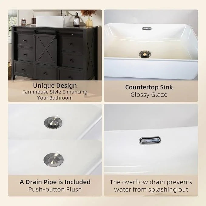 VNN Bathroom Vanity with Sink - 48 Inch Bathroom Vanity with Sink Ceramic, Freestanding Cabinet with Farmhouse Sliding Barn Door and 7 Drawers, Space-Saving Storage Cabinet, Wood Grain Texture, Black - ModernBath