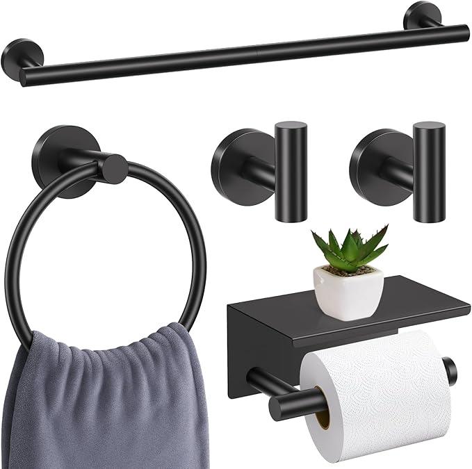 Matte Black Bathroom Hardware Set, 5 Pieces Black Towel Bar Bathroom Accessories Set, Upgraded Toilet Paper Holder with Shelf, 23.6 Inch Towel Rack Towel Holder for Bathroom Wall - ModernBath