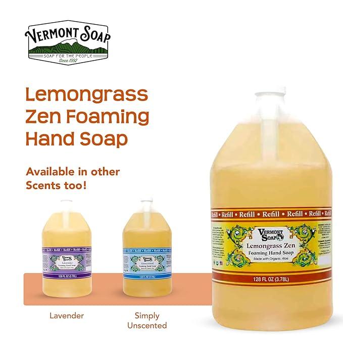 VERMONT SOAP Organics Foaming Hand Soap, Liquid Soap with Pre-diluted Formula - Ready to Use Lemongrass Hand Soap With Convenient and Economical Gallon Refill Size - ModernBath