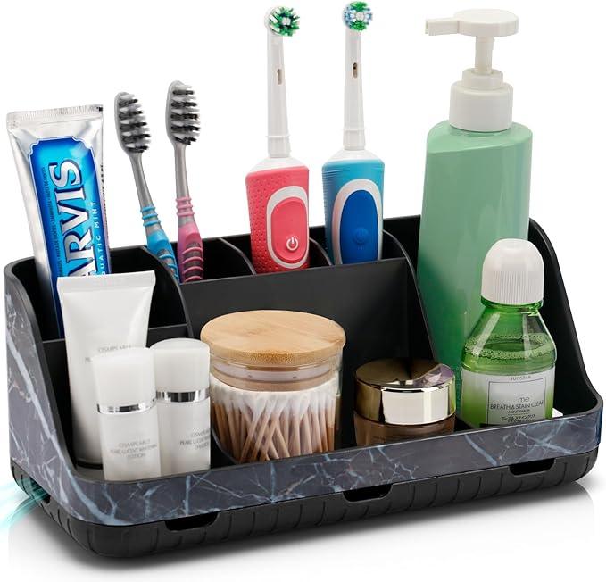 GFWARE Marble Black Toothbrush Holders for Bathrooms - Detachable 7 Slots Bathroom Organizer Countertop Matte Black Electric Toothbrush and Toothpaste Holder for Bathroom Counter Vanity Sink Storage - ModernBath