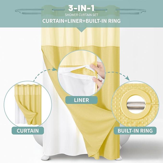 eachope Yellow No Hook Waffle Weave Shower Curtain with snap-in Liner Replacement, 230GSM Waterproof Fabric Hotel Shower Curtain Set for Bathroom, Through Mesh Top Window,71Wx74H - ModernBath