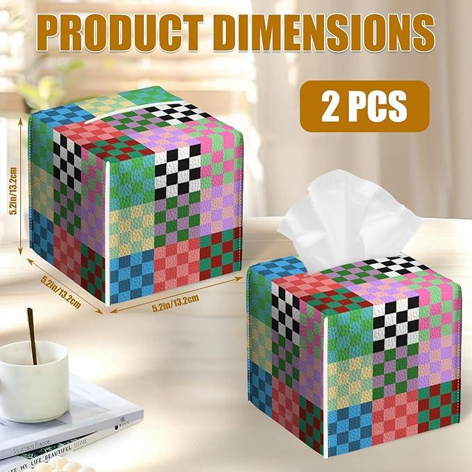 Colorful Checkered Tissue Box Cover 2PCS, Leather Tissue Box Holder Square Facial Paper Case Tissue Box Cube Organizer for Bathroom Bedroom Desk Office - ModernBath