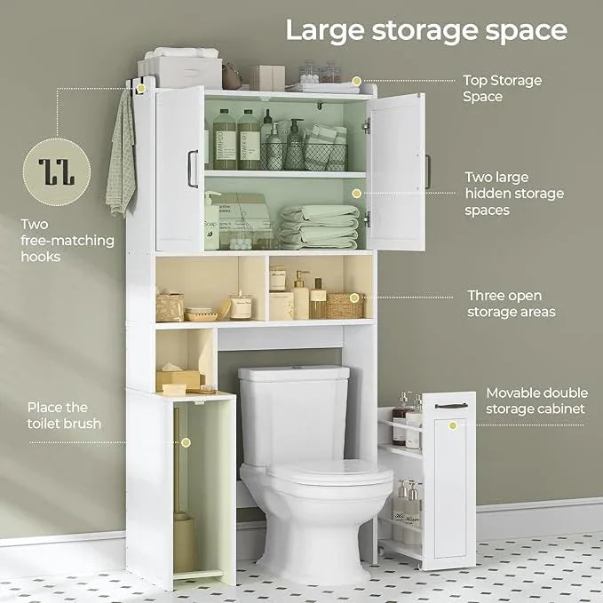Over The Toilet Storage Cabinet with Pulley Small Bathroom Storage Cabinet, Space Saver W/Adjustable Shelf & Open Shelf for Bathroom, Restroom, Laundry (White) - ModernBath
