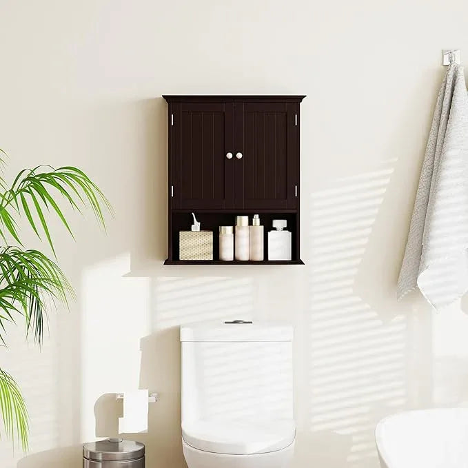 Giantex Wall Mounted Medicine Cabinets - Above Toilet Bathroom Cabinet with Adjustable Shelf, Open Shelf, Over The Toilet Space Saver Storage Cabinet for Laundry Room, Kitchen, Cupboard (Brown) - ModernBath