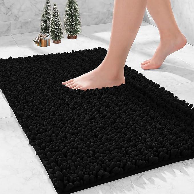 Ruggnovea Chenille Bathroom Rugs Non Slip Washable 32x20, Extra Thick Soft Absorbent Chenille Bath Mat, Non-Slip Barrier Backing, Quick Dry Machine Washable Bath Mats Tub, Shower,Floor/Sink,Black - ModernBath