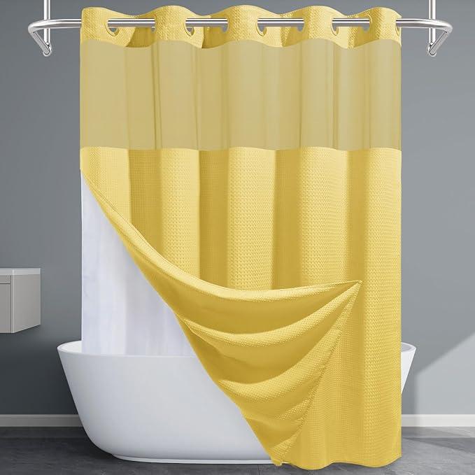 EUTXL Yellow No Hook Shower Curtain with Snap in Liner,230GSM Waffle Weave Shower Curtains for Bathroom,71W x 74H - ModernBath