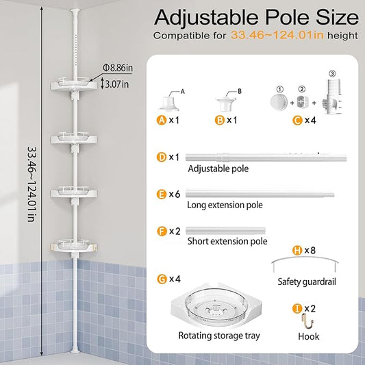 shuang qing 360° Rotating Corner Shower Caddy Tension Pole Organizer - 4-Tier Adjustable Rustproof Metal Pole, Plastic Shelves with Safety Guardrail, Bathroom Storage for Shower & Bathtub(White)