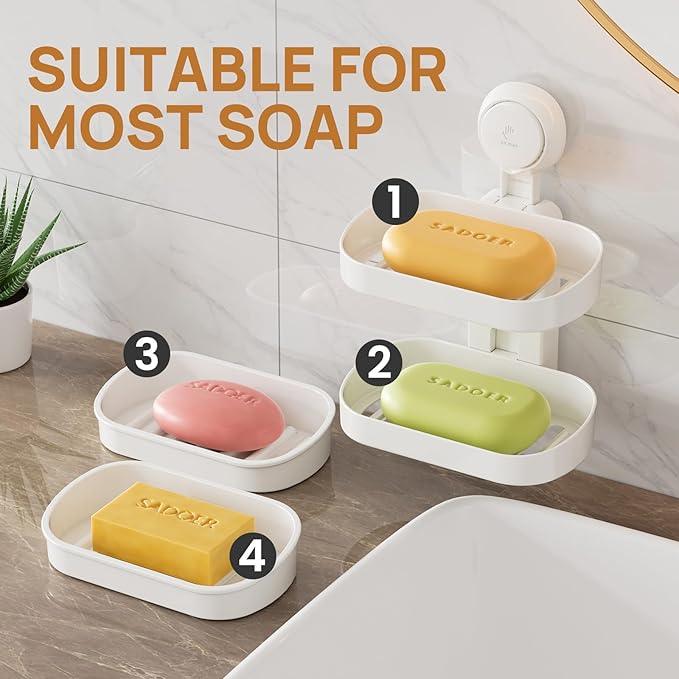LEVERLOC Soap Dish Holder for Shower Double Layer Suction Cup Wall Mounted NO-Drilling Self Draining Removable Waterproof Strong Suction Bar Soap Sponge Holder for Shower Bathroom Bathtub Kitchen - ModernBath