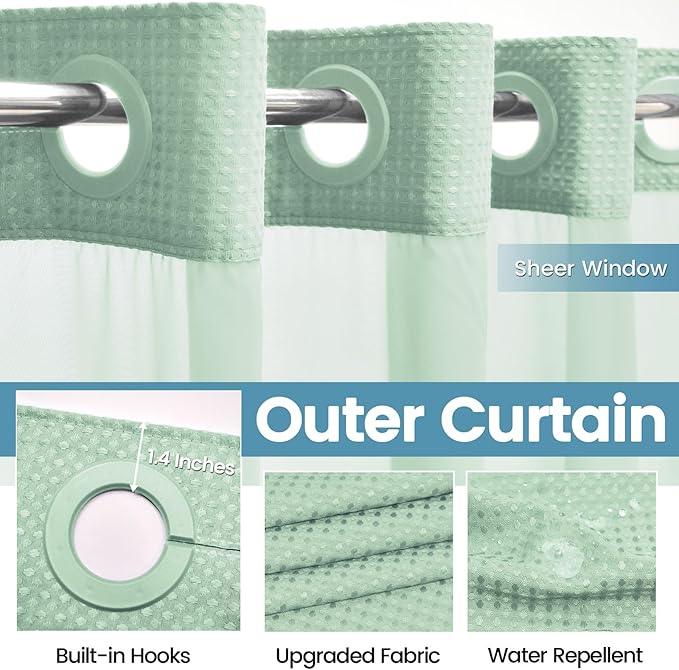 EUTXL Mint Green No Hook Shower Curtain with Snap in Liner,230GSM Waffle Weave Shower Curtains for Bathroom,71W x 74H - ModernBath