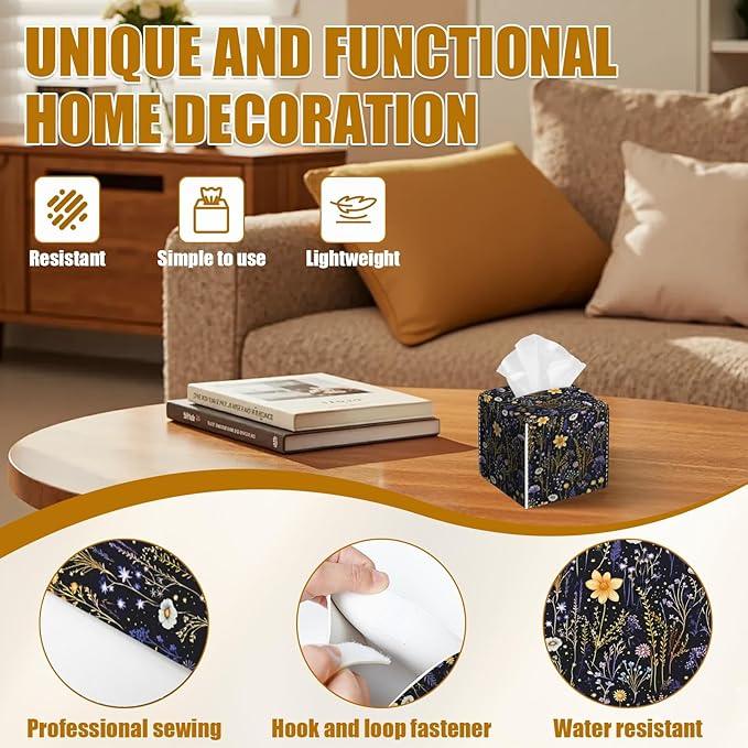 Wildflower Herb Tissue Box Cover 2PCS, Purple Flower Leather Tissue Box Holder Square Facial Paper Case Tissue Box Cube Organizer for Bathroom Bedroom Desk Office - ModernBath