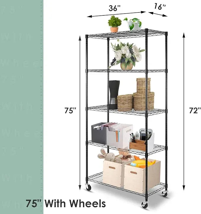 WDT 5-Shelf Shelving Units on Wheels Casters, Adjustable Heavy Duty Metal Shelf Wire Storage Rack for Home Office Garage Kitchen Bathroom Organization(16”Wx36”Dx75”H), Black - ModernBath