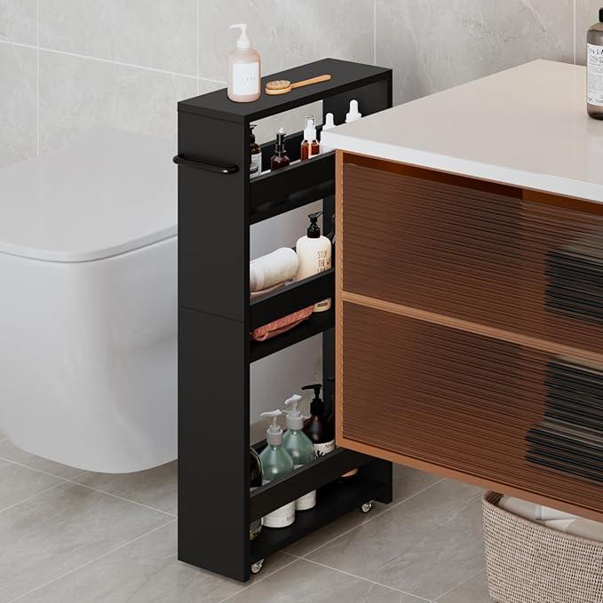 MARTY Slim Rolling Storage Cart 4-Tier Kitchen Cart with Wheels, Laundry Room Storage with Handle Slide Out Utility Cart Shelving Unit Organizer Trolley for Narrow Places Bathroom Small Corner, Black - ModernBath