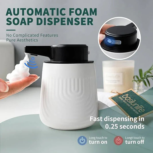 BosilunLife Ceramic Automatic Soap Dispenser with Extended Pump Nozzle, 3 Adjustable Levels, Touchless Foam Hand Wash Foaming Dispenser for Bathroom & Kitchen, Embossed Wave Design, White, 10oz - ModernBath