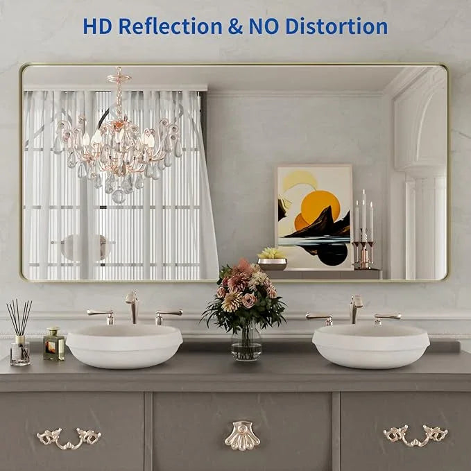 WEER Gold Bathroom Mirror, 60x30 Inch Brushed Gold Metal Frame, Rounded Rectangle Vanity Mirror for Wall, Tempered Glass, Anti-Rust, Hangs Horizontally or Vertically - ModernBath