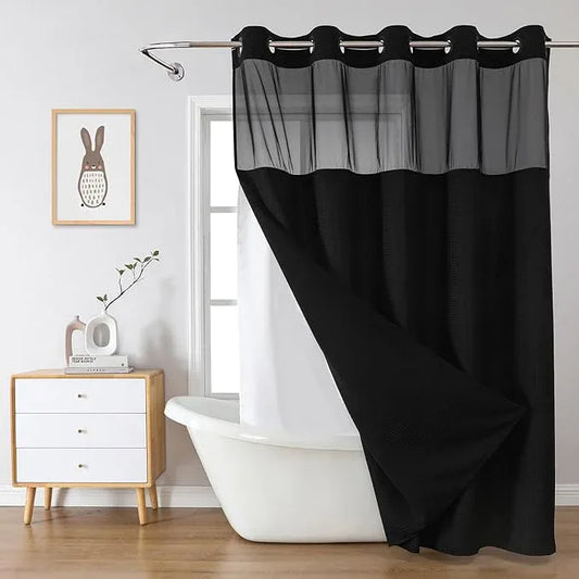 eachope Black No Hook Waffle Weave Shower Curtain with snap-in Liner Replacement, 230GSM Waterproof Fabric Hotel Shower Curtain Set for Bathroom, Through Mesh Top Window,60Wx74H - ModernBath