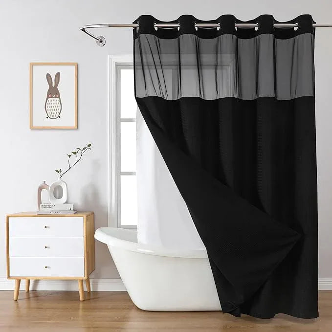 eachope Black No Hook Waffle Weave Shower Curtain with snap-in Liner Replacement, 230GSM Waterproof Fabric Hotel Shower Curtain Set for Bathroom, Through Mesh Top Window,71Wx77H - ModernBath