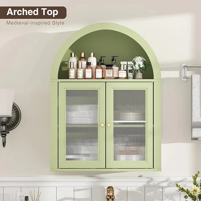 Bathroom Wall Cabinet, Arched Cabinet Wall Mount, 2 Acrylic Doors, 1 Adjustable and Removable Shelf, for Laundry Room, Living Room, Restroom, Kitchen, Green - ModernBath