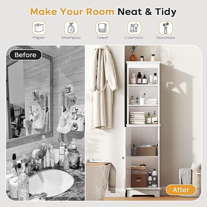 Narrow Bathroom Storage Cabinet with Door and Open Adjustable Shelves, 60.9" H Wooden Tall Tower Corner Farmhouse Cabinet, Freestanding Organizer for Kitchen, Entryway White - ModernBath