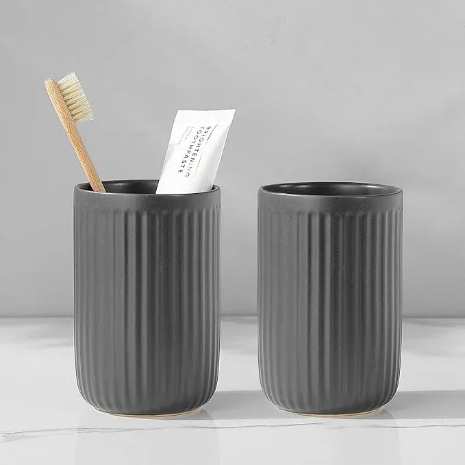 Grey Toothbrush Holders for Bathrooms - 2 Cups Ceramic Toothbrush Toothpaste Holders Set, White Bathroom Tumbler Cups Reusable Toothbrush Mouthwash Cup, Bathroom Counter Organizer. - ModernBath