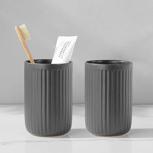 Grey Toothbrush Holders for Bathrooms - 2 Cups Ceramic Toothbrush Toothpaste Holders Set, White Bathroom Tumbler Cups Reusable Toothbrush Mouthwash Cup, Bathroom Counter Organizer. - ModernBath