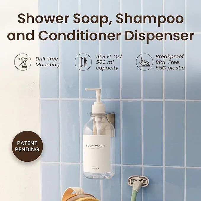 MaisoNovo Shampoo and Conditioner Dispenser - Shower Soap Dispenser Wall Mounted - 16.9 fl oz Set of 1 Clear Plastic Bottles White Pump - 1 Chamber No Drill - ModernBath