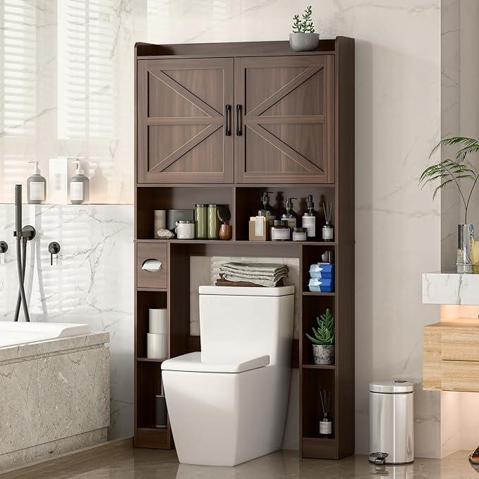Over The Toilet Storage Cabinet, Farmhouse Toilet Cabinet Rack with Barn Doors, Space Saving Bathroom Organizer with Shelves, Toilet Paper Holder and Towel Rack for Bathroom,Restroom,Laundry,Espresso - ModernBath