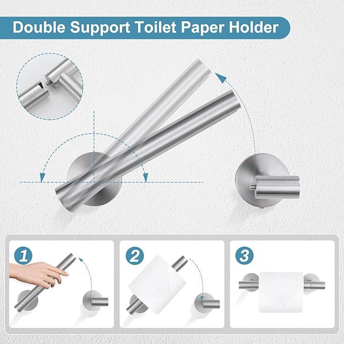 TQKAG 8-Pieces Bathroom Hardware Set Brushed Nickel SUS304 Stainless Steel Bath Towel Bar Set 23.6 Inch Round Bathroom Accessories Kit Wall Mounted - ModernBath