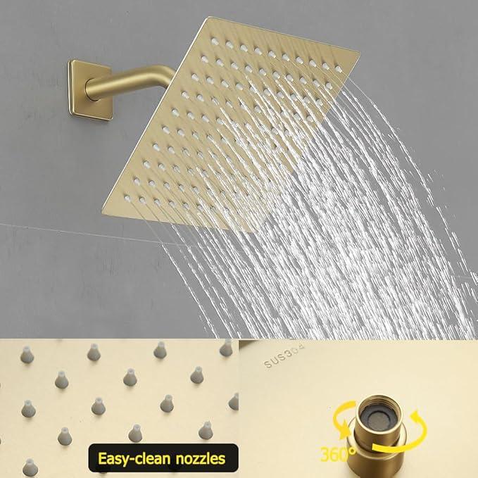 JingGang Brushed Gold Shower System 8 Inch Bathroom Luxury Rain Mixer Shower Combo Set Wall Mounted Rainfall Shower Head and Handheld System Shower Faucet Set Rough-in Valve Body and Trim Kit - ModernBath