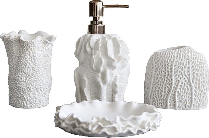 Hymmah Bathroom Accessories Set,Coral Seashell Design Toothbrush Holder,Farmhouse Bathroom Decor,4 Pcs Resin Gift Set Apartment Necessities, Contain Toothbrush Cup,Soap Dispenser,Soap Dish,Tumbler - ModernBath