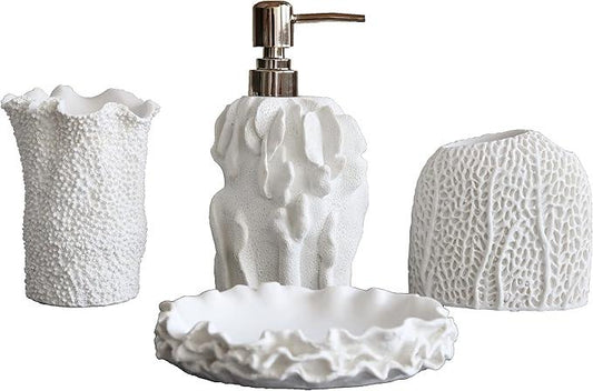 Hymmah Bathroom Accessories Set,Coral Seashell Design Toothbrush Holder,Farmhouse Bathroom Decor,4 Pcs Resin Gift Set Apartment Necessities, Contain Toothbrush Cup,Soap Dispenser,Soap Dish,Tumbler - ModernBath