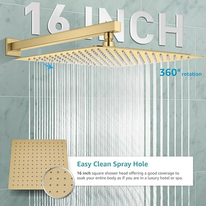 gotonovo Rainfall Bathroom Shower System Rain Shower Head and Handle Set Wall Mounted Shower Complete Combo Solid Brass Pressure Balancing Shower Mixer Valve 16 Inch Brushed Gold - ModernBath