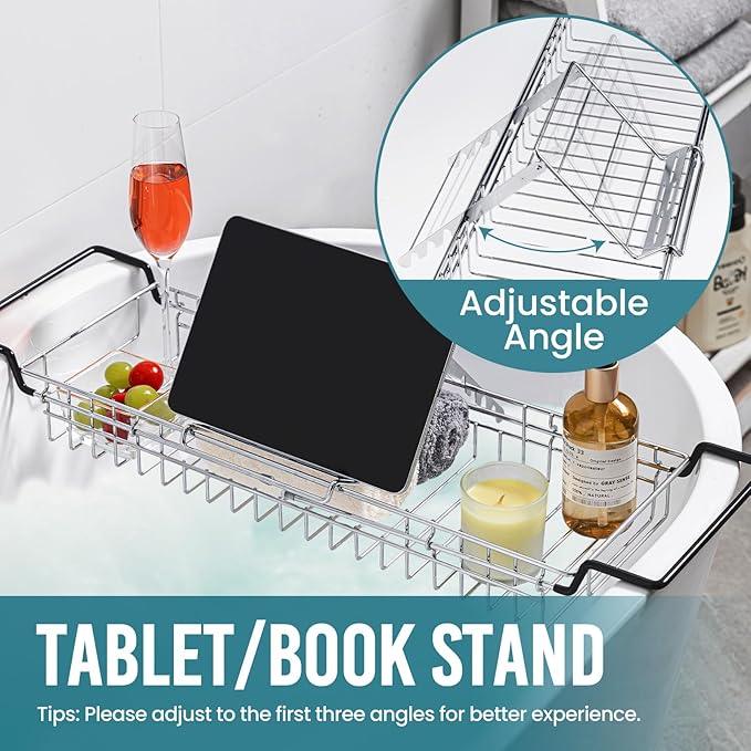 TAILI Bathtub Tray Table for Luxury Bath, Expandable Extra Wide Bthtub Caddy with Reading Holder, 304 Stainless Steel Over The Tub Bath Tray for Bathroom Accessories - ModernBath
