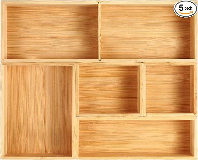 Fabsome Bathroom Drawer Organizer, Bamboo Box Bin for Junk Vanity Desk Makeup Drawer, Small Wooden Container Tea Storage Organization Tray for Kitchen Office, Set of 5 - ModernBath